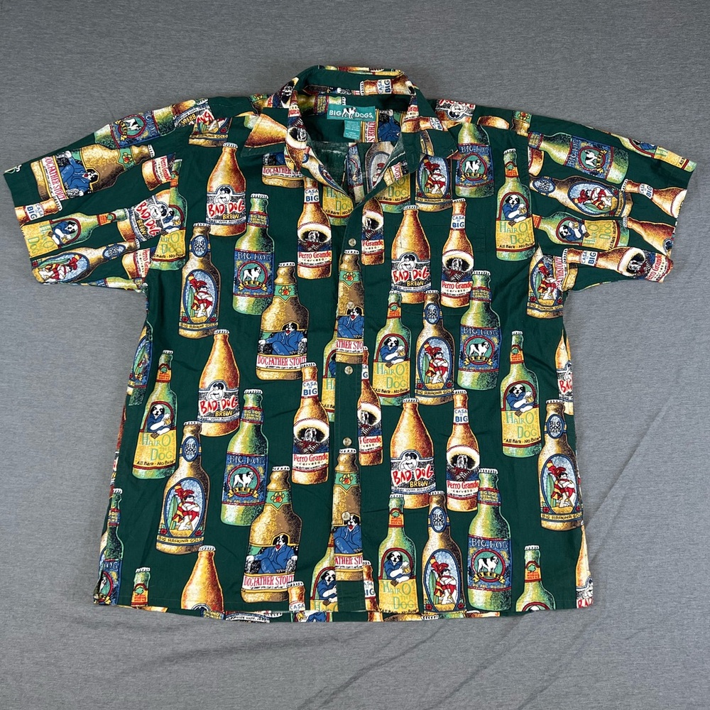 Vintage Big Dogs Green Casual Button Down Shirt with Beer Bottle Print